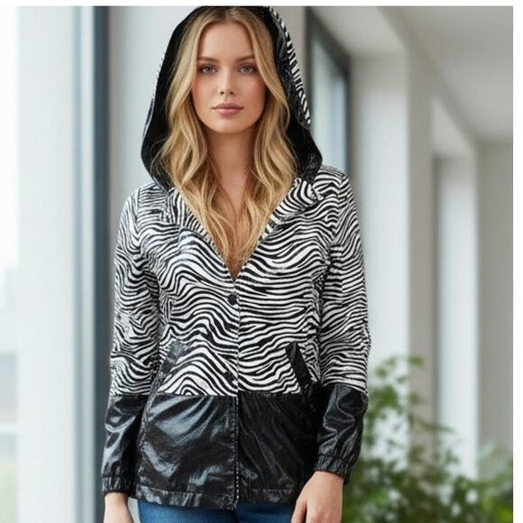 Dollhouse Jackets & Blazers - Dollhouse Hooded Rain Jacket Zebra Animal Print Elbow Patch S/M Black White